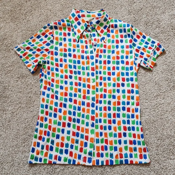 Vintage Sears 1960s Colorful Patterned Button-Up Shirt Abstract S Art Geometric - Picture 5 of 6